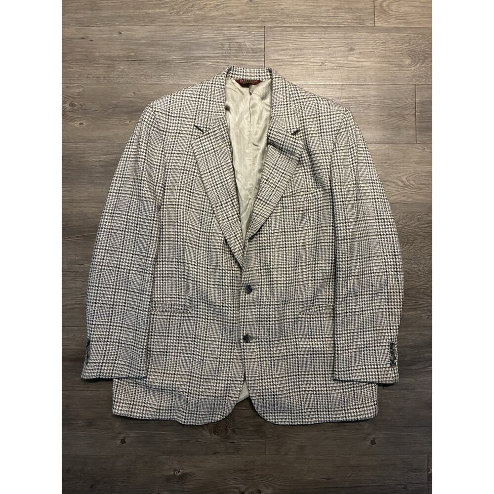 Vintage Nordstrom Tweed Mens 46 Blazer Gray Houndstooth Wool Sport Coat USA 90s
